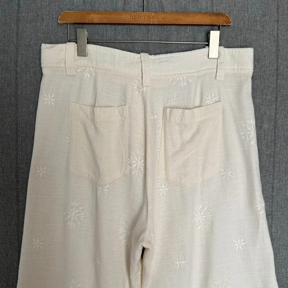 Zara Linen Blend Ivory / Light Cream High Rise Embroidered Wide Leg Pants XL